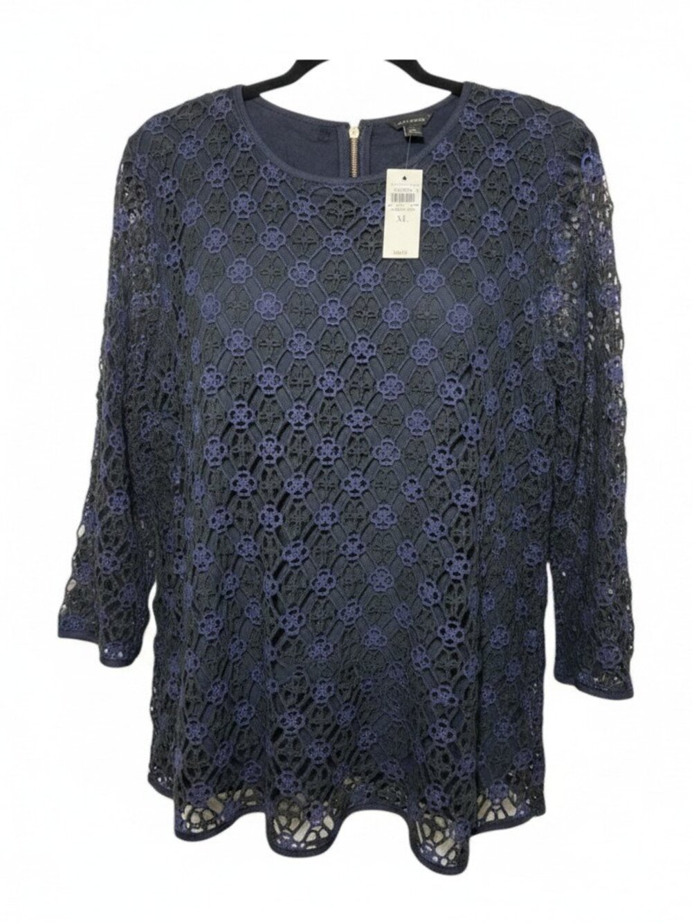 New with Tags Ann Taylor Navy Blue/Black Crochet 3/4 Sleeve Top XL Cotton/Lined